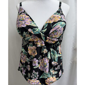 Freshwater Molded Cup Tankini Top Women's Size 2X Black & Floral Print